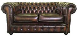 Chesterfield 100% Vera Pelle A Due Posti Marrone Antico