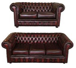 Chesterfield 2 + 3 Posti In Vera Pelle Di Colore Rosso Antic