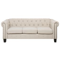 3 Posti In Tessuto Beige Gambe Dritte Chesterfield