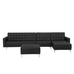 Letto Angolare Xxl Con Ottomano Pelle Sintetica Nera Destro 