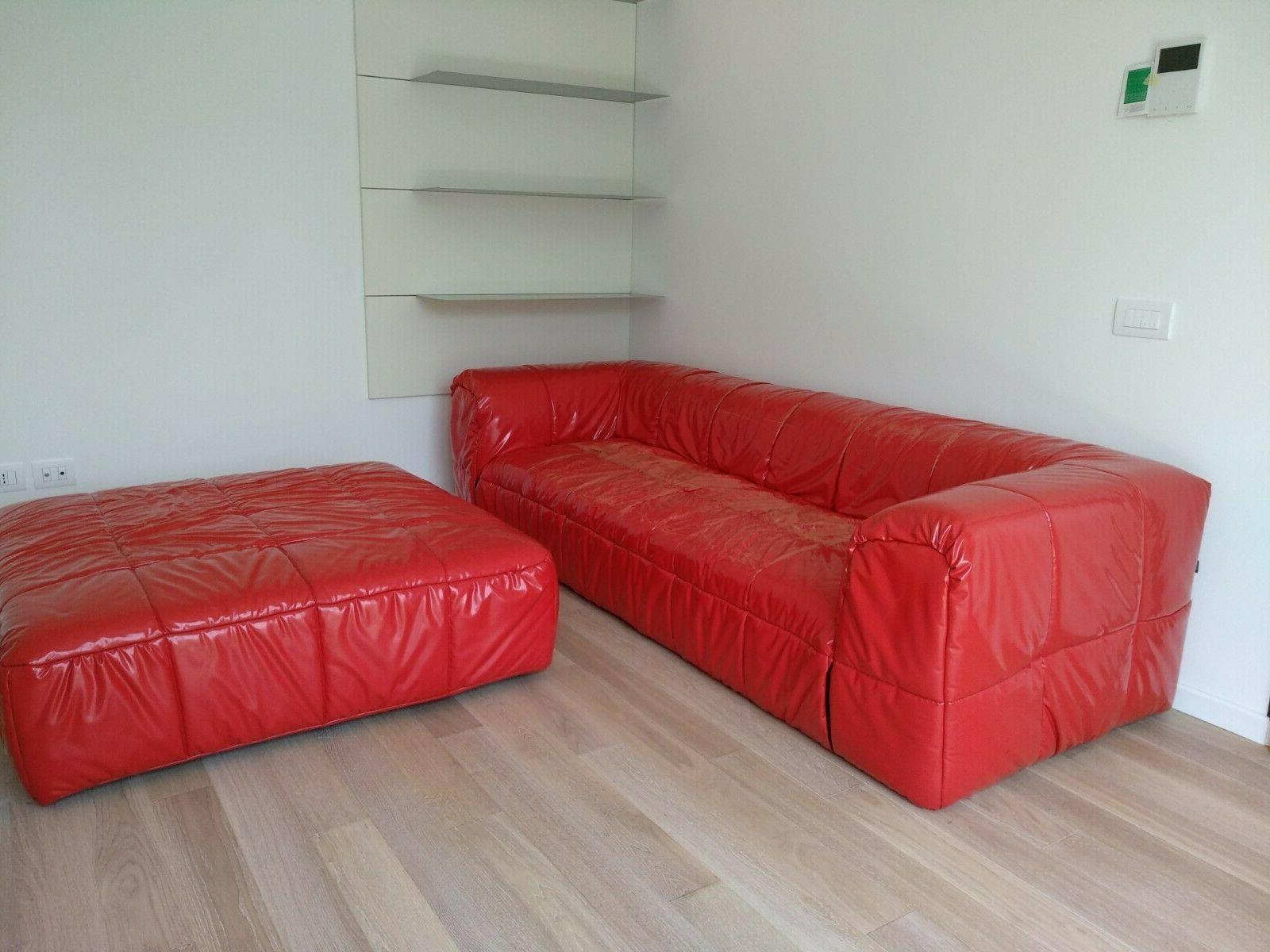 divano in pelle rossa piu puff 3