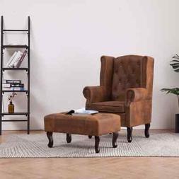 Poltrona Chesterfield E Pouf Marrone Similpelle Scamosciata 