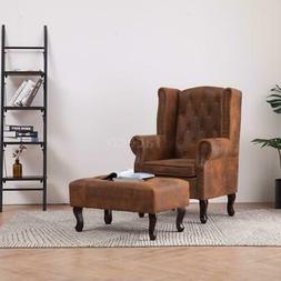 Poltrona Chesterfield E Pouf Marrone Similpelle Scamosciata 