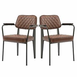 Set 2 Sedie Imbottite Stile Vintage in Acciaio Pelle Marrone